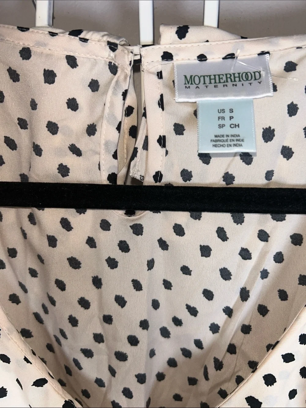 Motherhood Maternity Cream Dress with Black Polka Dots and Ruffle V-Neck - Picture 3 of 9